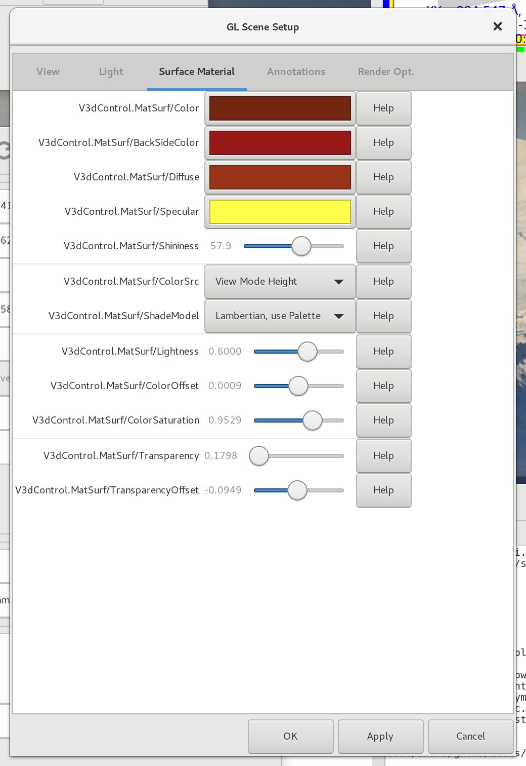 3D Scene View Material/Color control, typical settings for a surface
terrain like rendering.