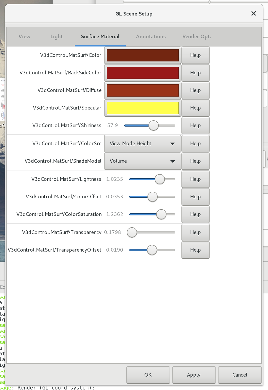 3D Scene View Material/Color control, typical settings for a volume
rendering.