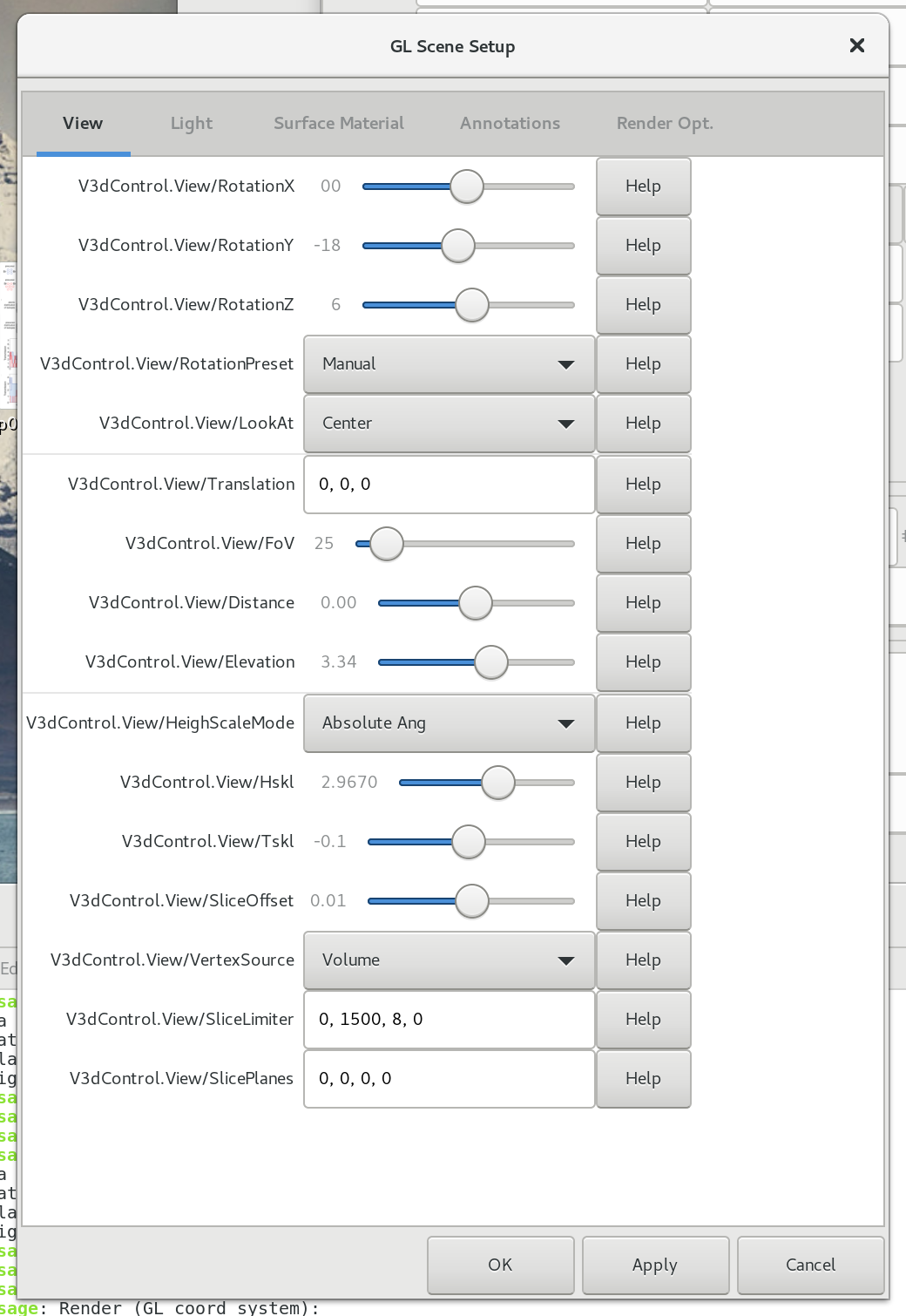 3D Scene View Control, typical settings for a volume
rendering.